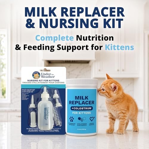 Under the Weather Kitten Milk Replacer Powder + Nursing Bottle Kit | Milk Replacement Formula with Colostrum, Feeding Bottle, 5 Nipple Sizes & Cleaning Brush | Complete Newborn Kitten Feeding Set