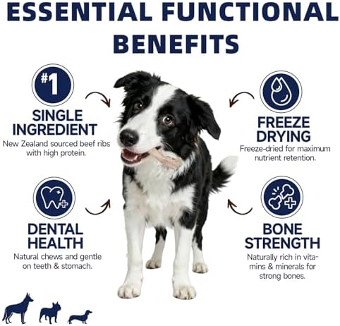 Freeze Dried Beef Ribs Dog Treats, Single Ingredient, Natural Chew Bone, Gentle on Teeth and Stomach, High Protein Training Chews with Calcium,100% New Zealand Veal Ribs, 5.29 oz