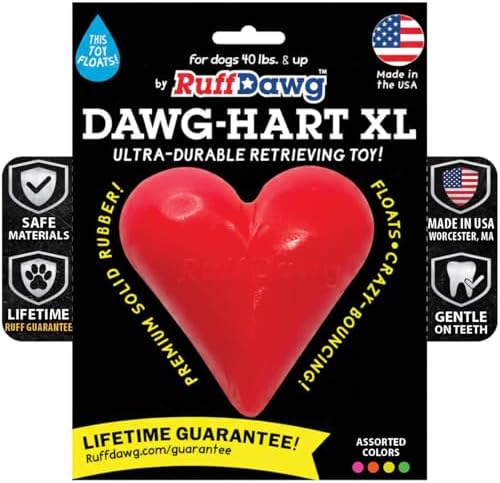 Ruff Dawg Indestructible Dawg-Hart (Heart) XL 4” – Heavy-Duty Solid Rubber Dog Fetch Toy for Dogs 40 lbs & Up – Floats & Crazy Bounce – Made in USA – Assorted Neon Colors