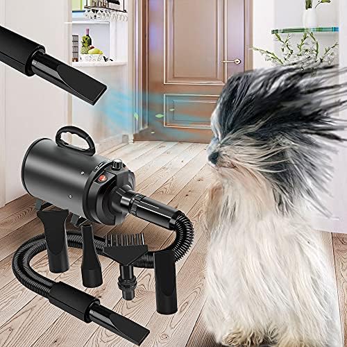 Dog Hair Dryer Quick Dry 2800W Noise Reduction Pet Hair Dryer Home Use Professional Stepless Adjustable Speed Spring Hose 4 Nozzles Dog Blow Dryer for Grooming with Heater