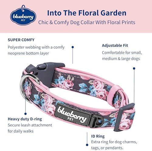 Blueberry Pet Floral Prints Neoprene Padded Dog Collar, Pink Rose, Adjustable Dog Collar for Small Dogs, Size Small, Neck 12-16”