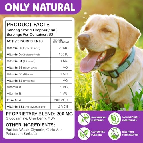 Dog Multivitamin Drops, 15 in 1 Multivitamin Liquid - Dog Vitamins with Glucosamine & Cranberry, Supports Joint, Digestion, Skin & Coat Health, Dog Supplement for Dogs of All Ages, Bacon Flavor, 60 ml