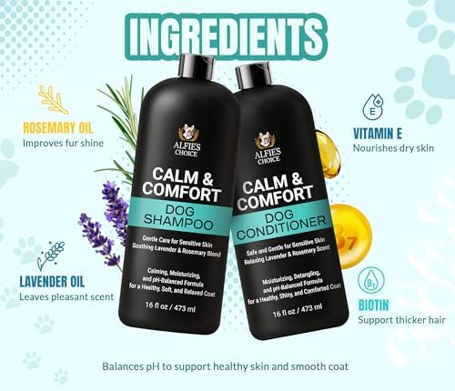Calm & Comfort Dog Shampoo & Conditioner with Rosemary & Vitamin E 16 fl oz | Dog Shampoo for Dry, Itchy & Sensitive Skin | Gentle Formula For Daily Use | Suitable for All Breeds | ALFIE'S CHOICE