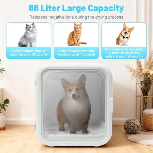 62L Pet Dryer Box for Cats and Small Dogs 【Fastest 15-Minute Drying】, 35dB Ultra Quiet Automatic Cat Dryer Box, 360° Full Body Drying, Removable Base, with Light and Skylights