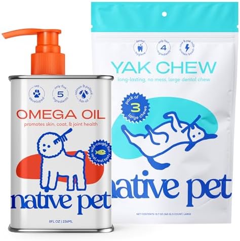 Native Pet Omega Oil for Dogs - Dog Fish Oil Supplements 8 Oz & 3 Large Yak Chews for Dogs | Pasture-Raised and Organic Yak Cheese Himalayan Churpi Chews