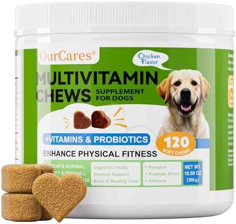 Dog Multivitamin Chewable - Vitamins and Supplements - Dog Daily Vitamin with Glucosamine Probiotics Omega-3 for Coat Hip Joint Heart Digestive Immune Health Support, Chicken Flavor, 120Ct