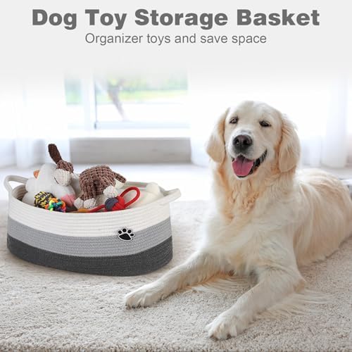 Optish Dog Toy Basket, 30L Toy Box and Bin for Dog Cat Storage, 19.7" X 11" X 7.9" Large Woven Rope Basket for Blankets, Living Room, Bedroom, White & Grey