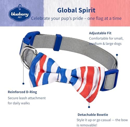 Blueberry Pet 2 Patterns Patriotic Spirits France Flag Adjustable Bowtie Grey Dog Collar - Handmade Bow Tie w/Jacquard Weave Fabric, Medium, Neck 14.5"-20"