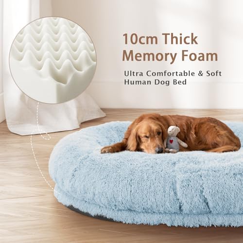 ROOMTEC Human Dog Bed, 78''x51''x12'' Size Fits Adult and Pet Washable Giant People Bed 10 CM Thick Memory Foam Large Oversize Pet Bed with Plump Pillow, Blanket, Strap - Blue