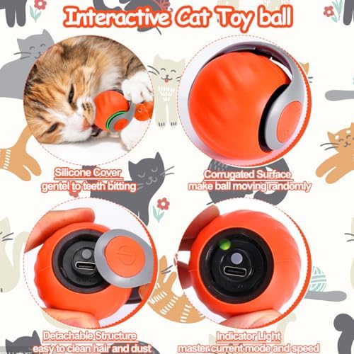 Mity rain Interactive Cat Toy Ball, Rechargeable Cat Toys for Indoor Cats | with Feather Tails for Kittens Chasing, Motion Activated Ball for Enrichment, Automatic Rolling Toys to Keep Them Busy Orange