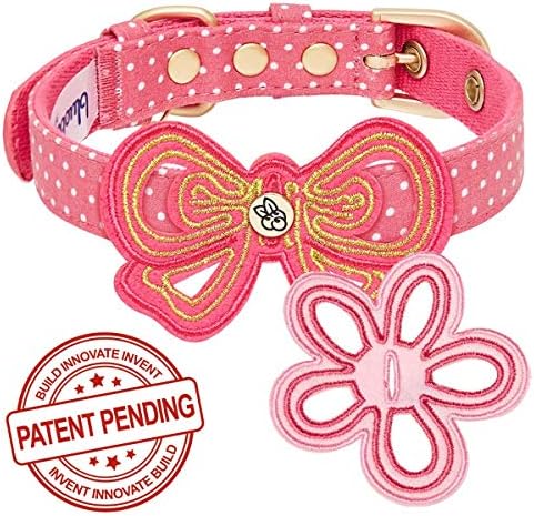 Blueberry Pet Adjustable Dog Collar with Metal Buckle and 2 Detachable Bowtie - Pink Polka Dot, Neck 13-16.5", for Medium Breed
