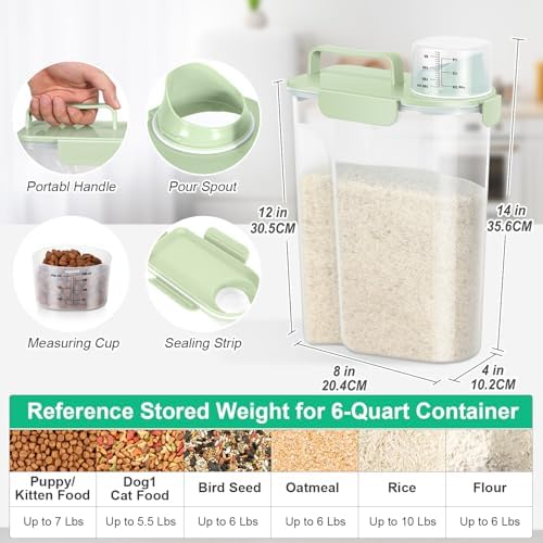 TBMax Airtight Rice Container 10 Lbs, Cereal Dispenser, Pet Cat Dog Food Storage Container, Plastic Kitchen Pantry Food Storage Holder with Cup -Light Green
