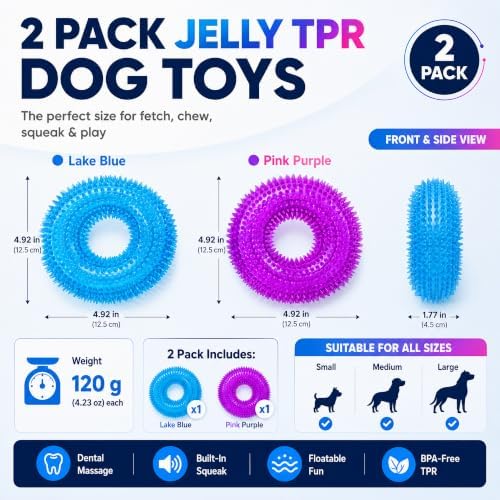 Dog Chew Toy, Squeaky Floating Donut Rings, 2-Pack, Blue & Purple