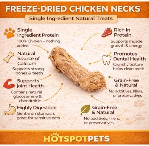hotspot pets Freeze Dried Raw Chicken Necks for Dogs & Cats, Made in USA, Single Ingredient, Grain Free, High Protein, Natural Calcium Treat or Topper, 3 Ounce Bag