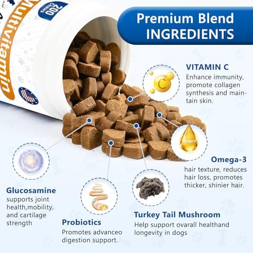 Dog Multivitamin, 40-in-1 Dog Vitamins and Supplements Chewable Contain Probiotics Omega-3 Glucosamine, Multivitamin for Dogs Skin Coat Heart Joint Liver Brain Eyes Immune Support (200ct)