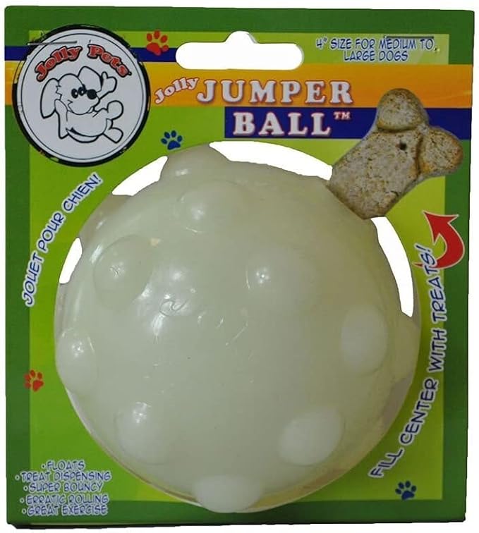 Jolly Pets Jolly Jumper Bouncing Treat Dog Ball, 4 in Large, Glow | High, erratic-bounce treat ball with gum-massaging nodules - glows in the dark