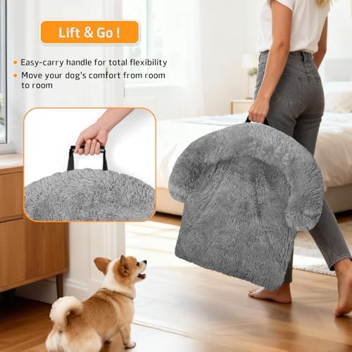GGIB Calming Dog Bed Fluffy Plush Dog Mat for Furniture Protector with Removable Washable Cover for Large Medium Small Dogs and Cats (Small,Grey)