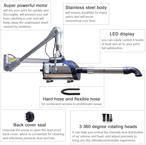 2800W Wall Mounted High Velocity Blow Dryer for Dogs - Professional Pet Hair Dryer, Adjustable Speed and Temperatur, Low Noise Dog Blow Dryer, Multiple Nozzles