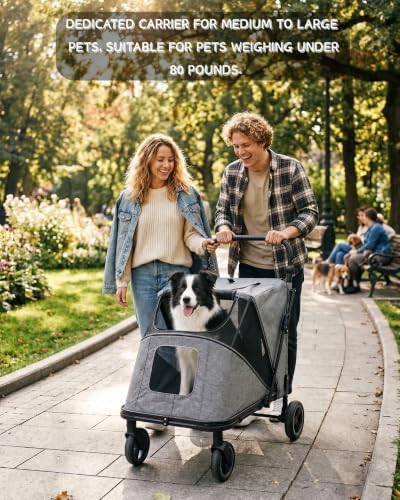 Large Dog Stroller for Medium Dogs - Gray, up to 110lbs, Easy Entry