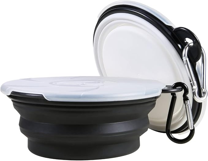 Collapsible Dog Bowl, 2 Pack, with Lids, Black+White, Small