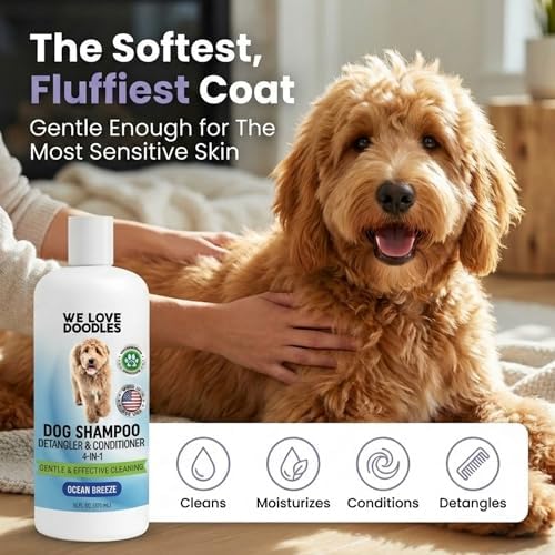 Dog Shampoo, Conditioner & Detangler, Gentle Tearless, Ocean Breeze, 16OZ | For Sensitive Itchy Skin, Hypoallergenic, Best For Smelly Dogs, Goldendoodle, Poodle & Doodle, Puppy Pet Wash, USA Made, 4in1