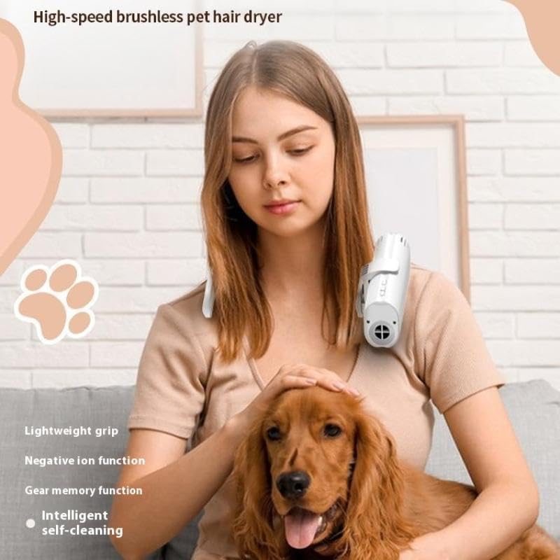 Professional Pet Hair Dryer, White, Brushless, Hands-Free Portable Design, Quiet Operation Below 65dB, with Adjustable Heat and Speed Settings, for Dogs and Cats