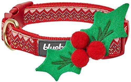 Blueberry Pet Christmas Dog Collar for Small Dogs, Festive Chevron Design with Detachable Holly Décor & Bow, Adjustable Neck 12"-16"