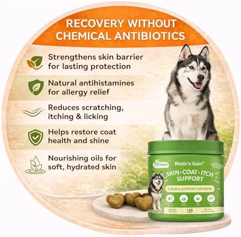 Biotic’s Gain Dog Skin & Coat Soft Chews Supplement – Omega-3 EPA & DHA, GLA, Zinc & Biotin to Support Healthy Skin and a Shiny Coat (120, Skin & Coat)