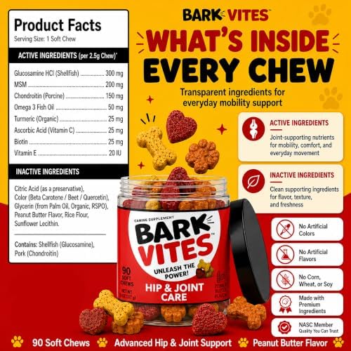 Glucosamine Chondroitin Hip & Joint Chews for Dogs, MSM, 180 Count