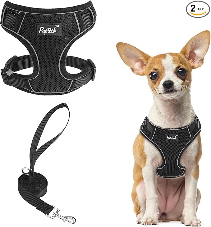 PUPTECK Dog Harness and Leash Set, No Pull Adjustable Pet Small Dog Harness, Reflective Soft Mesh Pet Vest, for Small Medium Dogs Walking, Black, XS