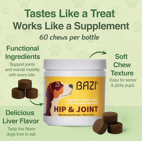 BAZI Hip & Joint Dog Chews – Glucosamine, Chondroitin, MSM, Turmeric & Collagen for Joint Health & Mobility – High-Potency Supplement for Dogs of All Breeds & Sizes – Active Lifestyle Support