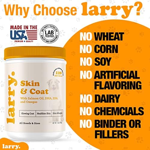 Larry Salmon Oil Dog Chews Skin Coat Omega 3 120 Count | Itchy Skin Allergy Relief, DHA EPA, Bone Joint Health, All Breeds Sizes