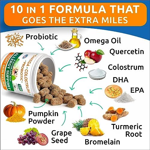 Advanced Dog Allergy + Omega 3 Bundle - Itch Relief - Probiotics w/Fish Oil Omega 3 + EPA&DHA Fatty Acid - Skin Allergies + Joint Health - 120 Chews + 180 Softgels - Bacon + Fish Flavor - Made in USA