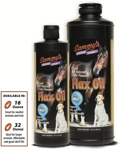 Sammy’s™ Shiny Coat Flaxseed Oil - 100% Pure, Natural Flax Oil, Cold-Pressed, Excellent Source of Anti-Inflammatory Omega-3, Promoting Skin and Coat Health, Immune System & Overall Wellbeing - 32 Oz
