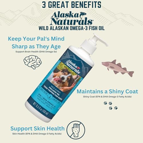 Alaska Naturals Wild Alaskan Fish Oil Supplement for Dogs Skin and Coat with EPA DHA Omega 3 Fatty Acids Sustainable Liquid Food Topper 32 oz. Pump