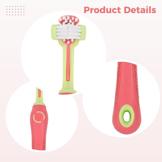 2 Pcs Dog Toothbrush Set, Three Sided Bristles Design Cat Toothbrush for Deep Cleaning, ABS TPR Material Pet Toothbrush with Non Slip Handle, Pink and Green