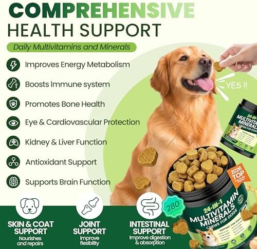24-in-1 Dog Vitamins and Supplements, Dog Multivitamin Chewable for All Dog | Chondroitin Probiotics Omega-3 Glucosamine for Skin Coat Hip Joint Heart Gut Liver Brain Eye Immune Health,140 Chews Chicken