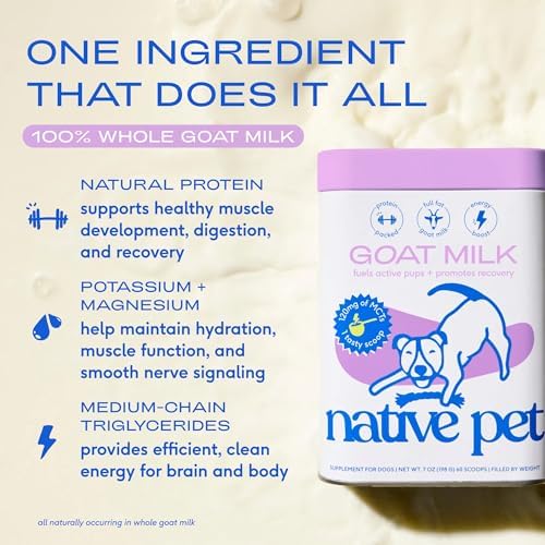 Native Pet Goat Milk Powder - Dog Food Topper for Active Dogs - Post-Activity Recovery, Energy, Immune Support, Hydration & Bone Health - Whole Goat Milk with MCTs & Essential Minerals - 120 Scoops