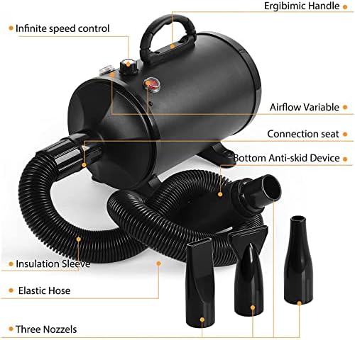 High Velocity Dog Dryer Blower, 2800W Stepless Adjustable Speed Dog Hair Dryer Pet Less Noise Dog Grooming Dryer with Adjustable Temperature with Hose,3 Nozzle Options