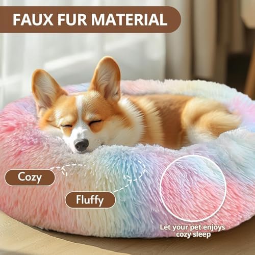 JOLLYVOGUE 20" Calming Donut Dog & Cat Bed, Rainbow