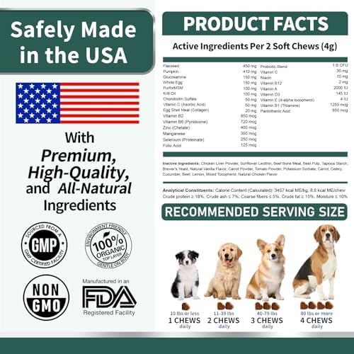 Dog Multivitamin, Glucosamine Chondroitin for Dogs, Dog Vitamins and Supplements, Probiotics, Krill Oil for Hip & Joints, Skin, Coat, Immune Health, Heart, Digestion (120 Chews, Chicken)