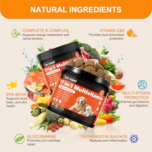17 in 1 Dog Vitamins and Supplements，Dog multivitamin，Dog probiotics- VE, VC, and 6 B Vitamins, Immune & Joint Support for Dogs, All Breeds & Ages, Chicken Flavor, 150 Ct