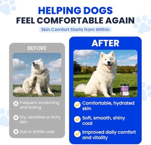 Fish Oil for Dogs Allergy and Itch Relief Chews - Omega 3 for Dog Skin and Coat Care - Salmon Oil for Dogs Anti Shedding Supplement Hot Spot Treatment EPA & DHA 200 Ct