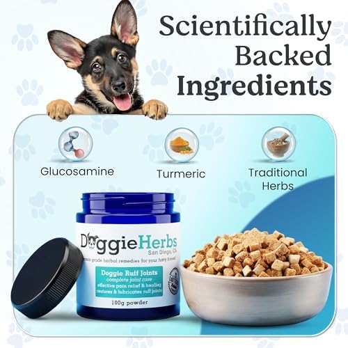 Doggie Herbs Ruff Joints Powder- Advanced Hip & Joint Support for Dogs- Glucosamine, Devil's Claw & Meadowsweet- Mobility & Stiffness Supplement- Pure Active Formula, No Fillers- TCM Doctor Formulated