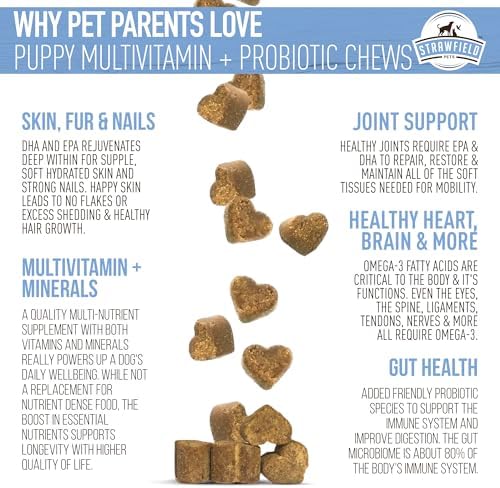 Strawfield Pets Puppy Multivitamin + Probiotics for Dogs Puppy Vitamins with Joint Support Supplement for Dogs & Puppies Peanut Butter Flavor 120 Crumbly Soft Chews