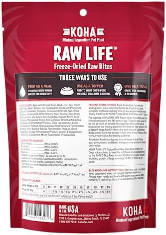 KOHA Raw Life Freeze-Dried Raw Bites Beef for Dogs, High Protein Meal, Topper, and Treat for Picky Eaters, 14oz Bag