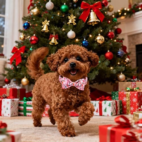 Lionet Paws Christmas Dog Collar with Bow tie,Cute Ho Christmas Tree Snowman Pink Dog Collar Bow Tie for Large Dogs Female, Neck 16-24 inches