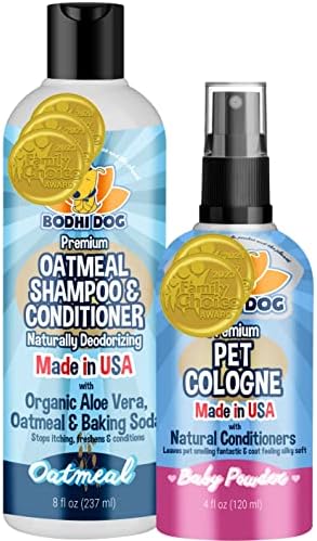 Bodhi Dog Baby Powder Scented Cat & Dog Cologne 4oz + Oatmeal Dog Shampoo & Conditioner for Pet Grooming 8oz | Moisturizing Shampoo for Sensitive Skin | Grooming Bundle