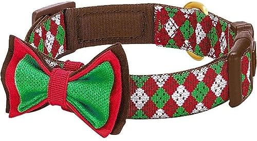 Blueberry Pet 4 Patterns Christmas Party Fair Isle Style Adjustable Dog Collar with Detachable Bow Tie, Small, Neck 12"-16"
