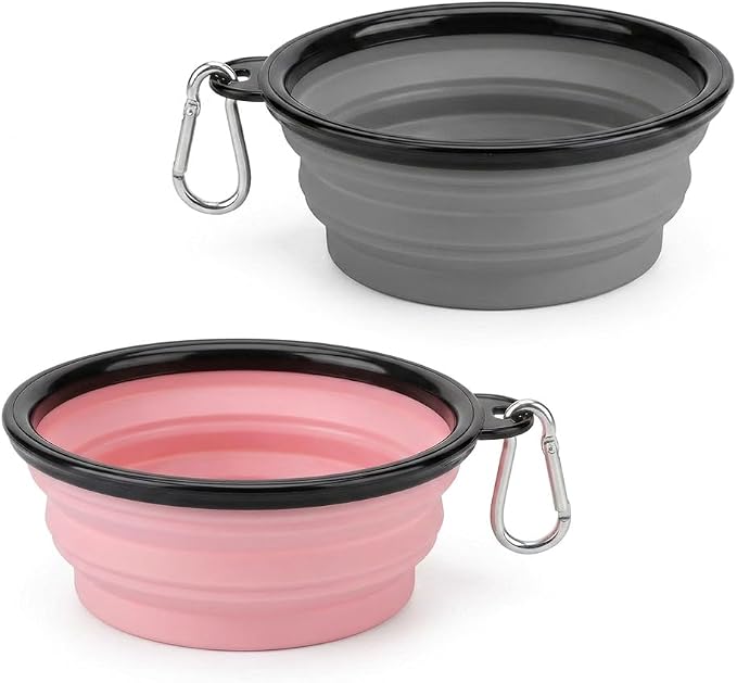 Collapsible Dog Bowls, 2 Pack, with Carabiners, Grey & Pink, Large